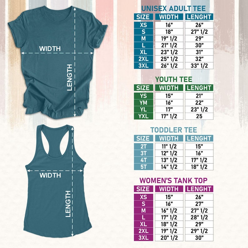 May include: A teal t-shirt and tank top with size charts for unisex adult, youth, toddler, and women's tank tops. The charts display sizes, widths in inches, and lengths in inches. The t-shirt has a crew neck.