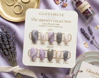 Luxury Lavender Marble Press-On Nails | Gold Foil Almond Custom Set