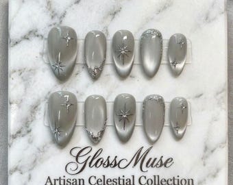 Grey Cat Eye Press On Nails | Silver Starburst Celestial Almond Fake Nails