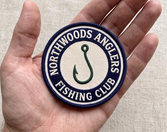 Custom Embroidered Fishing Club Patch, Iron-On Fish Hook Badge