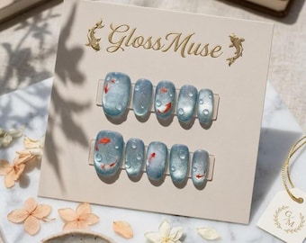 Koi Fish Press on Nails | 3D Water Drops, Blue Cat Eye Short Oval