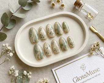 Sage Green Floral Press on Nails | Gold Foil Marble Almond Custom Set