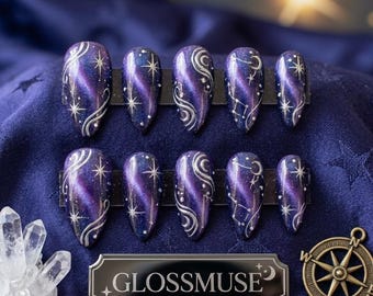 Purple Galaxy Cat Eye Press-On Nails | Celestial Almond Custom Set