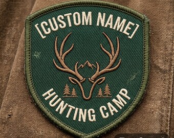Custom Hunting Camp Patch, Personalized Deer Hunter Name Embroidered Iron On, Vintage Shield Forest Nature Badge for Jackets Backpacks Gift