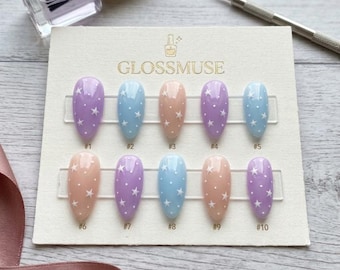 Pastel Star Press on Nails | Kawaii Purple Blue Pink Almond Gel Nail Set