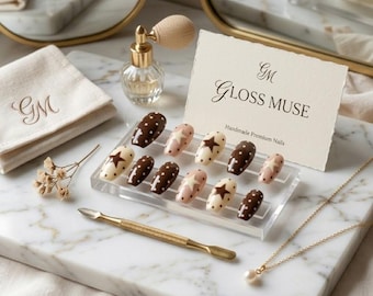 Brown Coffee Press-On Nails | Star Polka Dot Coffin Almond Gel Set