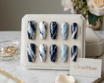 Navy Blue Marble Press on Nails | Gold Foil Coffin Fake Nails | Elegant Kintsugi Set