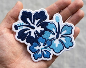 Blue Hibiscus Flower Embroidered Patch, Retro Tropical Hawaii Badge (Iron-On)