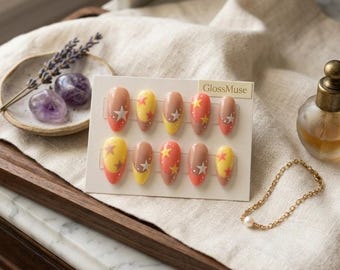 Pastel Star French Tip Almond Press On Nails | Y2K Wavy Gel Set