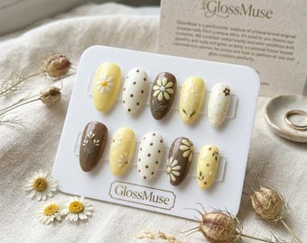 Yellow Daisy Press on Nails | Brown Coffee Polka Dot Floral Almond Gel Set