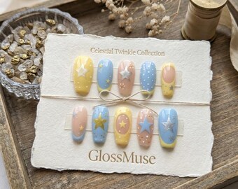 Pastel Celestial Press on Nails | Y2K Star Polka Dot Gel Set