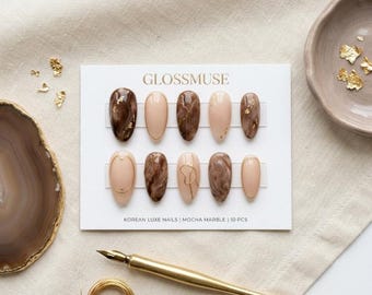 Mocha Marble Press on Nails | Gold Foil Korean Luxury Almond Set