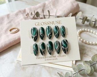 Emerald Green Cat Eye Press on Nails | Silver Chrome Liquid Metal Almond Shape