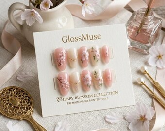 Hand-Painted Cherry Blossom Press-On Nails | Pink Floral Almond Japanese Style Set