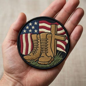 May include: Round patch featuring a U.S. flag, combat boots, and a wooden cross. The boots are tan, the flag has red and white stripes with blue and white stars. The patch is on a black background with green grass.