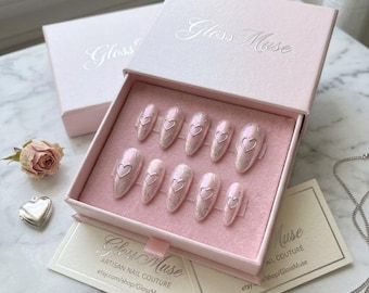 Pink Chrome Heart Almond Nails | Liquid Metal Y2K Coquette Fairycore Set