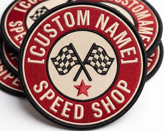 Custom Speed Shop Patch, Personalized Racing Name Embroidered Iron On, Vintage Hot Rod Biker Round Badge, Gift for Car Motorcycle Mechanic