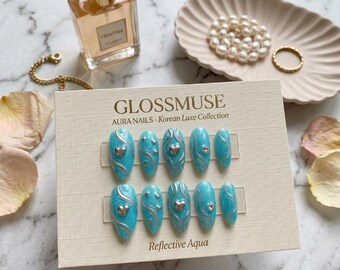 Aqua Blue Press on Nails | Silver Chrome Hearts, Liquid Metal Almond Set