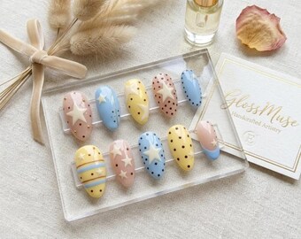 Kawaii Pastel Press on Nails | Star Polka Dot Almond Gel Set