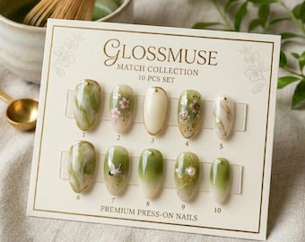 Matcha Ombre Almond Press-On Nails | Cherry Blossom, Crane, Gold Foil Designs