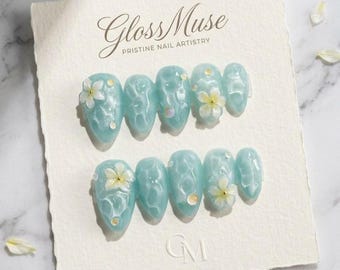 3D Plumeria Flower Press-On Nails | Teal Water Ripple Almond Set