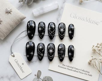 Black Chrome Celestial Almond Press-On Nails | Liquid Metal Galaxy Set
