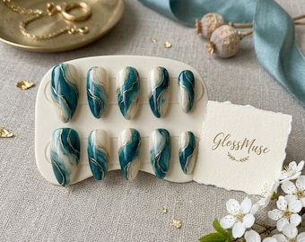 Teal Green Marble Press on Nails | Kintsugi Gold Line Fake Nails | Luxury Milky Cream Nails | Elegant Emerald Almond Custom Nail Set