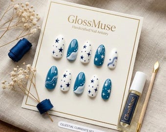 Teal Blue Celestial Almond Press on Nails | Star Ocean Wave Gel Set