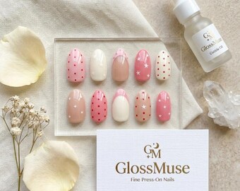 Pink Star Polka Dot French Tip Press-On Nails | Pastel Custom Gel Set