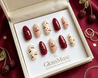 Cherry Press-On Nails | Burgundy Polka Dot Almond Gel Set