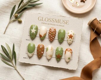 Matcha Green Press on Nails | Brown Caramel Polka Dot Fake Nails | Cute Star Retro Earthy Nails | Custom Abstract Almond Gel Nail Set