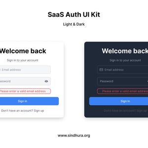 May include: Two login interface designs, one light and one dark, labelled "Welcome back." Each features fields for email and password, a "Sign in" button, and a prompt for invalid email addresses. The text "SaaS Auth UI Kit" is at the top.