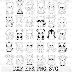 Peut inclure: Une collection de trente illustrations en noir et blanc au trait représentant divers bébés animaux, notamment un ours, une girafe, un lion, un renard, un hibou, un koala, un tigre, un lapin, un éléphant, un raton laveur, un cerf, un hérisson et un panda.