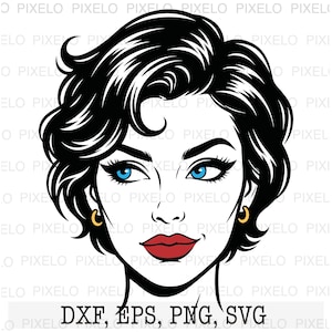 May include: Black and white illustration of a woman's face with blue eyes, red lips, and black hair styled in a short, curly bob. The image includes the text "DXF, EPS, PNG, SVG" at the bottom, suggesting digital art files.