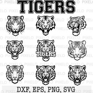 May include: A collection of black and white tiger head designs, including roaring and calm expressions. The word "TIGERS" is displayed above the images in a bold, block letter font. File formats: DXF, EPS, PNG, SVG.