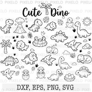 Puede incluir: Ilustraciones digitales en blanco y negro de varios dinosaurios, incluyendo un T-Rex, Triceratops y Pterodáctilo. La frase "Cute Dino" está escrita encima. Formatos de archivo: DXF, EPS, PNG, SVG.