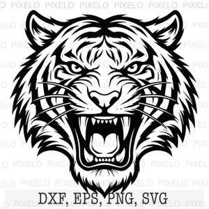 May include: A monochrome illustration of a tiger's head, showing its open mouth and teeth. The image features detailed stripes and a fierce expression. The text "DXF, EPS, PNG, SVG" is at the bottom.