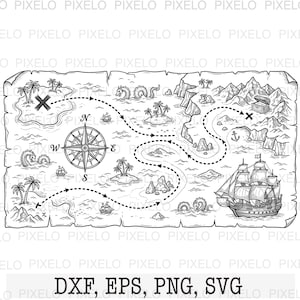 May include: A black and white line art illustration of a pirate treasure map featuring a compass rose, dotted path, islands with palm trees, sea monsters, a sailing ship, mountains, and a treasure chest marked with an X. Text reads DXF, EPS, PNG, SVG.
