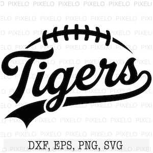 Könnte beinhalten: Ein schwarz-weißes Grafikdesign mit dem Wort "Tigers" in Schreibschrift, überlagert von einer Football-Form. Das Design enthält die Dateiformate DXF, EPS, PNG und SVG.