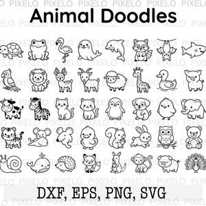 Puede incluir: Ilustraciones en blanco y negro de varios animales, incluyendo una tortuga, una rana, un flamenco, una foca, un delfín, un mapache, un murciélago, un tiburón, un loro, un león, un ciervo, una cabra, una oveja, una jirafa, un pato, un cerdo, una vaca, una cebra, un gato, un pingüino, un perro, un pollito, un elefante, un tigre, un ratón, una ardilla, un conejo, un búho, un oso, un caracol, una ballena, un erizo, un zorro, un canguro, un mono, un cerdo y un pavo real. El texto "Animal Doodles" está arriba, y "DXF, EPS, PNG, SVG" está abajo.