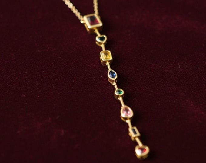 Featured listing image: Colorful Rainbow Y Lariat Necklace - Gold Plated Brass - Chakra Pendant