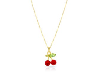 Collar de cerezas bañado en oro – Joyería Y2K de cristal rojo