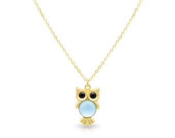 Collar de búho con piedra de nacimiento, colgante chapado en oro, joyería de búho de la suerte, regalo de cumpleaños para ella