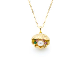Collar de perlas y conchas doradas – Joyería de playa Mermaidcore, regalo para vacaciones en la costa, colgante de verano para mujer