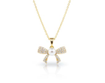 Collar con colgante de perla y lazo dorado con cristal, un regalo elegante para ella, una joya delicada.
