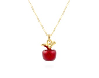 Collar con colgante de manzana de esmalte rojo, chapado en oro