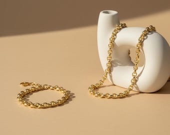 Conjunto de collar y pulsera de eslabones gruesos, estilo minimalista moderno, elegante diseño de latón chapado en oro.