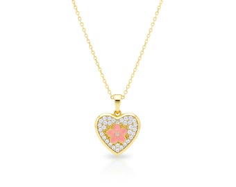 Collar con colgante de corazón de flor bañado en oro: joya de circonita brillante para mujeres y niñas.