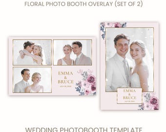 Wedding Photobooth Template, Blush Pink Gold Floral Overlay (PSD, PNG, Digital Download)