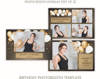Elegant Birthday Photo Booth Template, Gold Overlay, 6x4 (PSD + PNG) Digital Download
